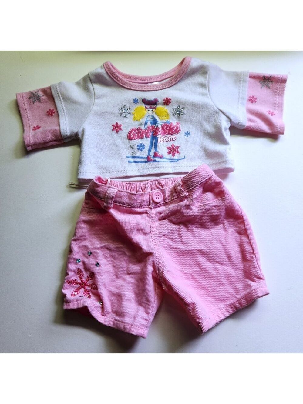 Build a Bear Girls Ski Team Winter Outfit Top and Shorts White Pink Snowflake
